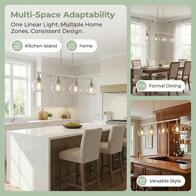 Kitchen Island Linear Pendant Light, 4-Light Brushed Nickeld Dining Room Chandelier with Clear Glass Globe Shades, Modern Linear Lighting Fixture Over Table