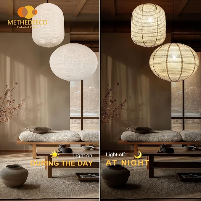 METHEDEECO Hanging Lamp Shade Set, Nature Beige, 2PCS | Oval 20x15 in + Cylinder 13.5x17 in, Foldable Minimalist Pendant Lantern Shade for Bedroom Living Room Kitchen, Shades Only