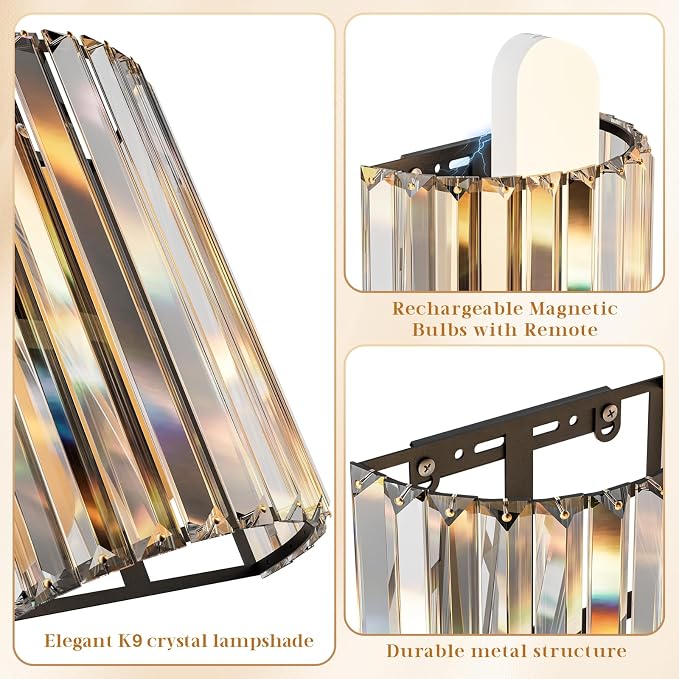 Black Battery Operated Wall Sconces Set of Two, Crystal Wireless Wall Light with Remote, Rechargeable Cordless Wall Lamp 12 RGB and 3 CCT Dimmable Decor for Bedroom Living Room Hallway