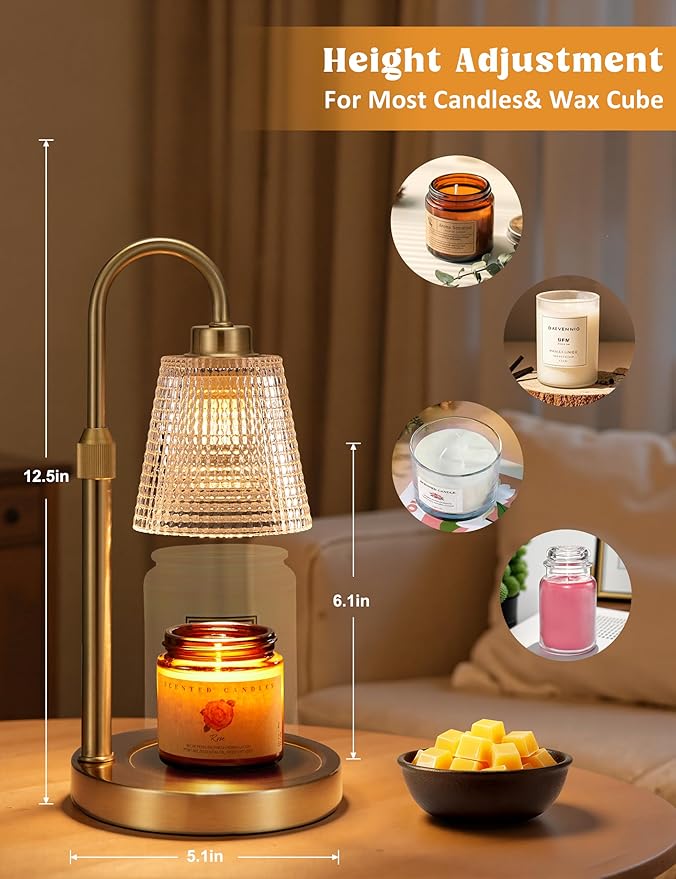 Gold Candle Warmer Lamp with Timer Home Decor Gifts for Women | Dimmable Candle Warmer for Jar Candles, Height Adjustable Wax Warmer,Birthday Gifts for Women, House Warming Gifts