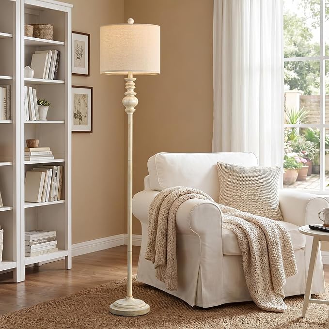 BOBOMOMO 64.25" Farmhouse Floor Lamp with Remote, Dimmable Floor Lamp with Adjustable Color Temperatures, Antique White Floor Lamp with Gold Accents for Living Room Corner, Bedroom, 9W Bulb Included