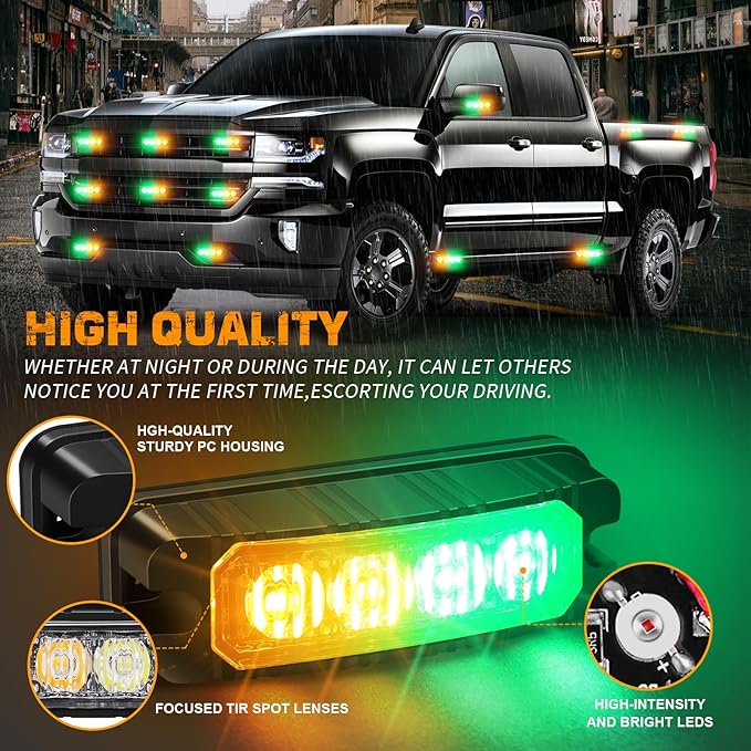 XRIDONSEN 8PCS Sync Truck Grill Strobe Lights 32 LED Amber Green Emergency Lights Grille Surface Mount Strobe Flashing Warning hazard Caution Safety Light for Tow Plow Trucks Construction Vehicles Car