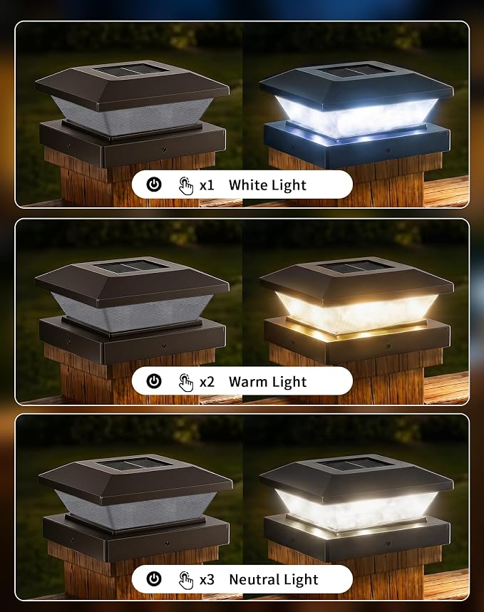 4x4 Solar Post Cap Lights - 6 Pack Fence Deck Post Solar Powered Lights | 3.5x3.5 4x4 Outdoor Postcap Light for Wood/Vinyl Posts, LED Waterproof Patio Porch Posts Lighting, 3 Lighting Modes, Black