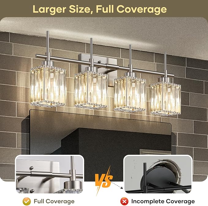 Torondo Modern Crystal Bathroom Vanity Light 4-Light Brushed Nickel Bathroom Light Fixtures Over Mirror Vanity Lighting Fixtures Square Shade Wall Sconce (Bulbs Not Include)