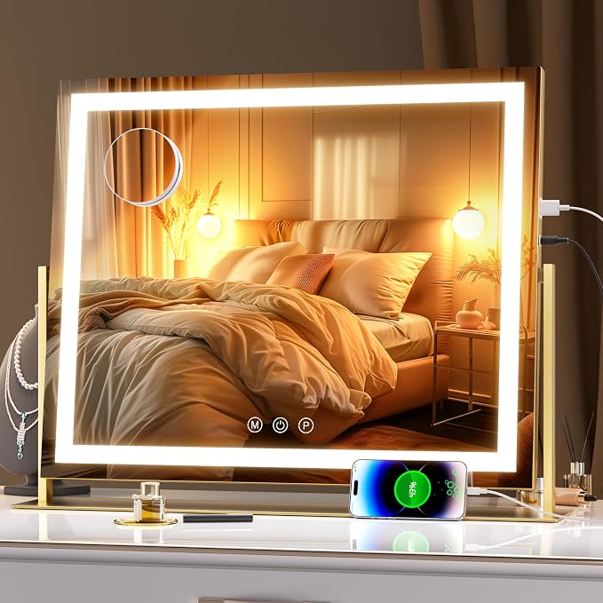 Hasipu Vanity Mirror with Lights, 23.6" x 18.1" LED Makeup Mirror, Light up Mirror with 10X Magnification, USB Charging Port, Smart Touch 3 Colors Dimmable, 360° Rotation (Gold)