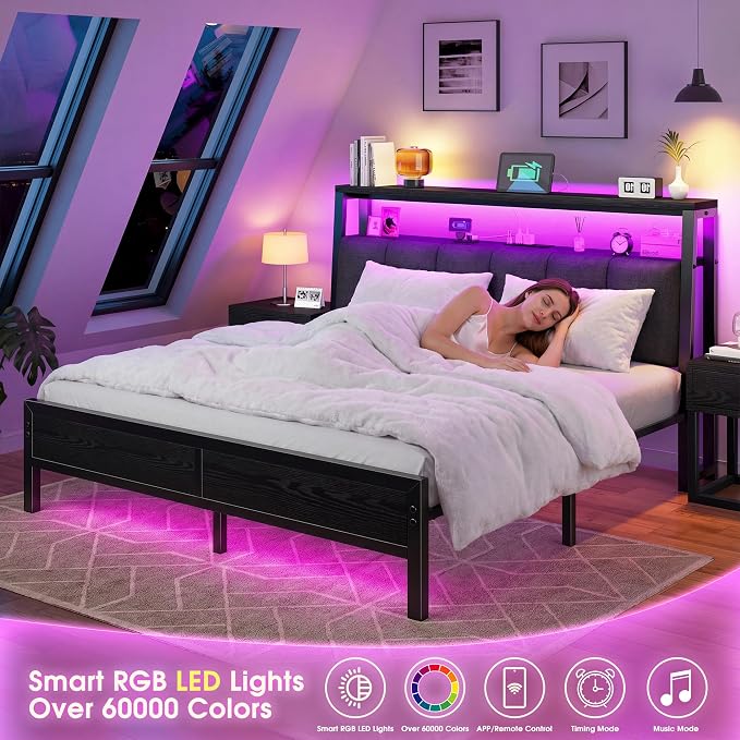 Homkdom Queen Bed Frame with Upholstered Headboard & Charging Station | 2 Outlet & 2 USB, LED Lights,12" Under-Bed Storage Noise-Free,No Box Spring Needed,Easy Assembly, Black