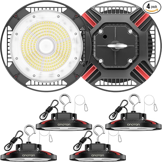 CINOTON 100W UFO LED High Bay Light, Aluminum LED Shop Lights with 15000LM, 5000K Commercial Bay Lighting for Warehouse Garage Workshop Factory Hall, 6' Cable & Safety Rope, ETL Listed 4 Pack