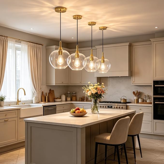 9.45in Gold Pendant Lights Kitchen Island with Clear Glass Shade 2Pack | Handcrafted Glass Pendant Light Fixtures, UL Certified, E26 Base 100W Max, Height-Adjustable, Dimmable Hanging Pendant Light