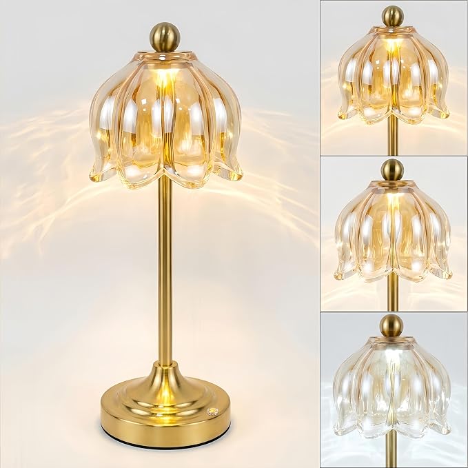 Small Tulip Cordless Table Lamp, LED Touch Accent Lamp with Amber Glass Shade, Dimmable Vintage Table Lamps for Bedroom, Kitchen, Nightstand, Restaurant