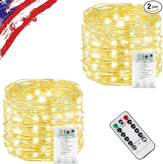 2 Pack Fairy Lights Battery Operated Twinkle Lights Remote Warm White | Total 40FT 120LED String Light, Timer & 8 Modes, Memory, Dimmable, Waterproof Battery Lights Indoor Outdoor Christmas Decor