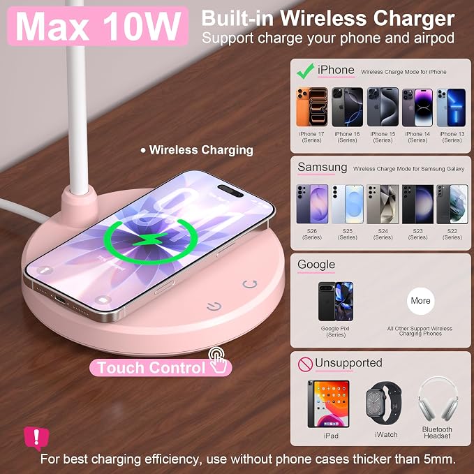 Pink Desk Lamp, Cute Desk Lamp for Girls, Wireless Charger, Dorm | 3 Color Modes, Stepless Dimming Desk Light, 360°Flexible Neck Table Lamp for Bedside Reading, Kids Room, with Adapter