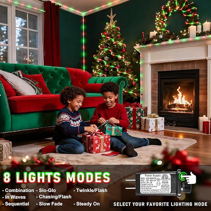 100FT 300 LED Rope Lights for Outside, Connectable Rope Lights Outdoor Waterproof with 8 Modes, Plug in Christmas String Lights for Deck, Garden, Fence, Backyard, Pool, Patio, Tree Decor - Red Green