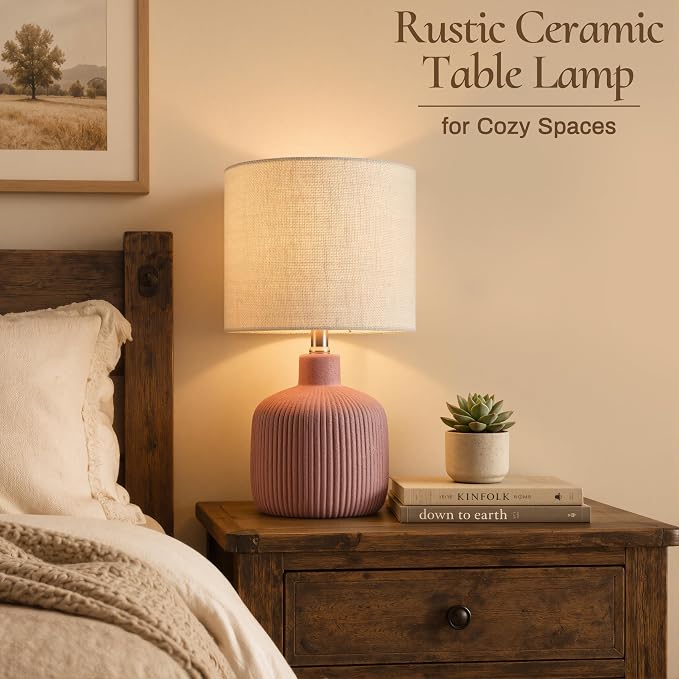 Ceramic Table Lamp, 17.75" Rustic Farmhouse Bedside Lamp with Beige Linen Shade, Warm Ambient Nightstand Lighting for Bedroom or Living Room, Painted Terra