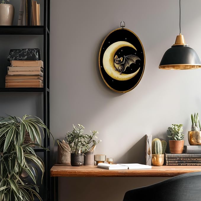zewepri Bat Crescent Moon Oval Wall Art, Gothic Cottagecore Decor, 8.5x11.5 | Whimsical bat on crescent moon with stars adds moody charm to bedrooms, bathrooms, living rooms, or gallery walls.