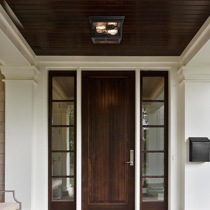Maxxima Outdoor Flush Mount Ceiling Light Fixture, Black with Water Glass | Square Farmhouse Porch or Patio Light, Close to Ceiling Entryway, Bulbs Not Included, 2-Light, E26