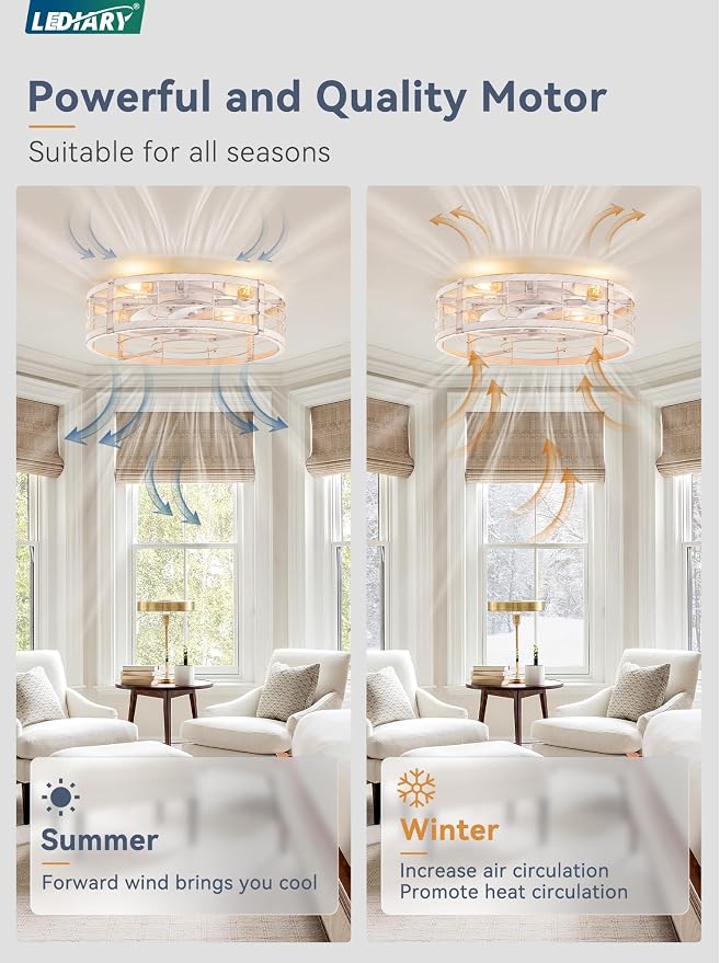LEDIARY 20" White Gold Caged Low Profile Ceiling Fan with Light and Remote | Flush Mount, Bladeless Enclosed Fandelier, 6 Speed, Quiet Powerful DC, Rustic,Farmhouse, Small, Bedroom, Kitchen, Indoor