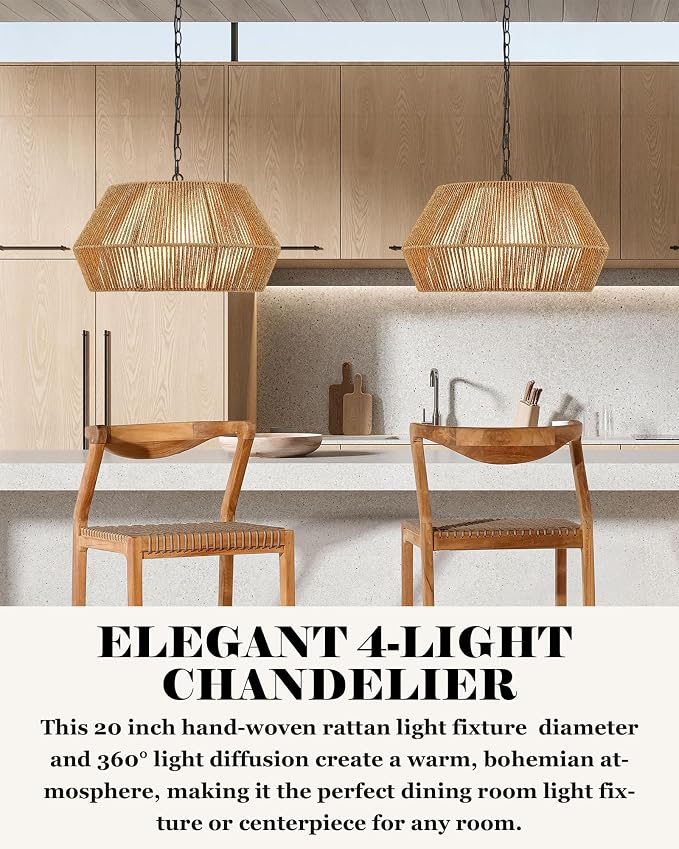 ELYONA Large 4-Lights 20" Rattan Chandelier, Boho Pendant Light Fixtures, Adjustable Japandi Woven Chandelier for Dining Room with Fabric Shade, Rustic Hanging Light for Kitchen Island,Living Room