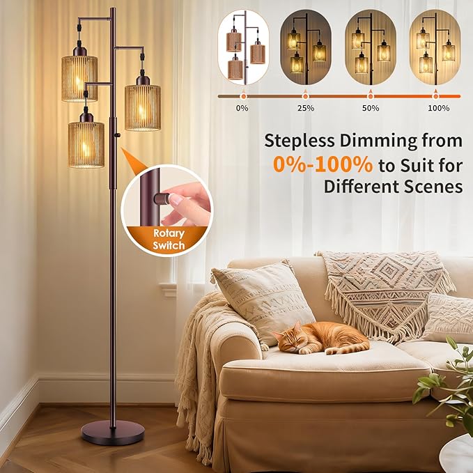 Hotsonic 72" Rattan Boho Floor Lamp, Tall Dimmable Standing Lamp with Handcrafted Brown Shades, Industrial Tree Floor Lamps for Living Room, Bedroom, Study Room, Office (3 x 800LM LED Bulbs Included)