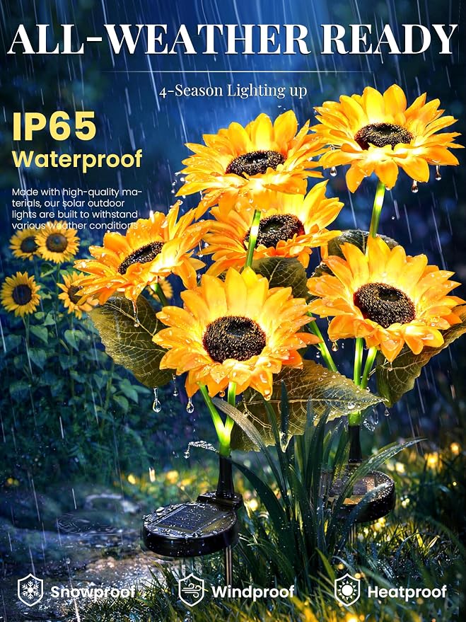 GIGALUMI Solar Sunflower Decor, 2 Pack LED Sunflower Gifts for Women | 3 Lighting Mode, Auto On/Off/Flash, Garden Decor, Waterproof Solar Garden Lightsoutdoor Outdoor Fall Decor for Patio, Yard