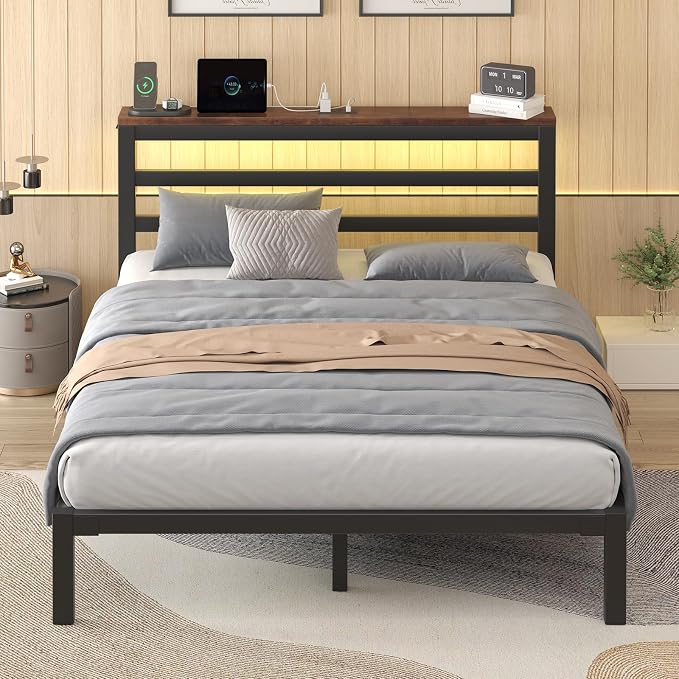 Queen Size Metal Bed Frame with Storage Headboard & LED Lights, Black | Built-In Charging Station, Under-Bed Storage, Heavy Duty Metal Slats, No Box Spring Needed, Solid and Stable, Easy Assembly