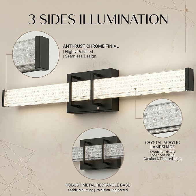 URSOLA 48" Modern LED Bathroom Light Fixtures, Matte Black 3CCT Dimmable Bathroom Vanity Light Over Mirror, Bathroom Vanity Bath Bar Lights with Crystal Acrylic Shade