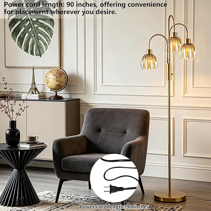 3-Light Glass Floor Lamp, 70" Gold Dimmable Standing Tall Lamp with Amber Ribbed Glass Shades &3PCS 3000K Warm White Bulbs, Modern Tree Pole Lamp for Living Room Bedroom Home Office Corner Decor