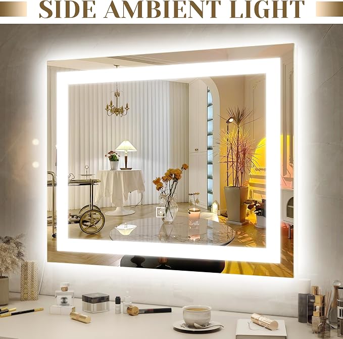 ROLOVE 22x20 Inch Lighted Vanity Mirror, 3 Color Modes, Dimmable, White | Large makeup mirror with touch-dimming LED lighting for dressing room, tabletop, or wall-mounted use