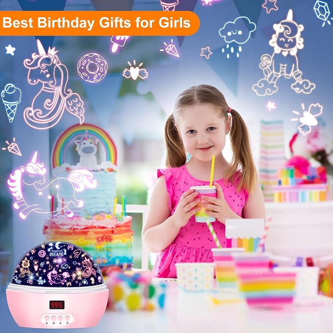 MOKOQI Kid Unicorn Night Light for Girls with Timer | Girl Night Lights Rotating Light Projector for Bedroom Christmas Birthday Gifts for 3-8 Year Old Girls