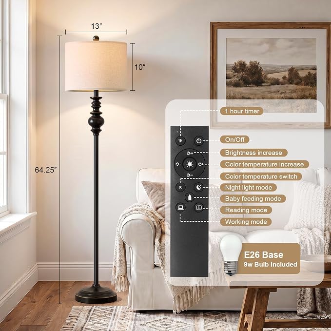 BOBOMOMO 64.25" Farmhouse Floor Lamp with Remote, Dimmable Black Floor Lamp with Adjustable Color Temperatures, Tall Standing Lamps for Living Room Corner, Bedroom & Office, 9W Bulb Included