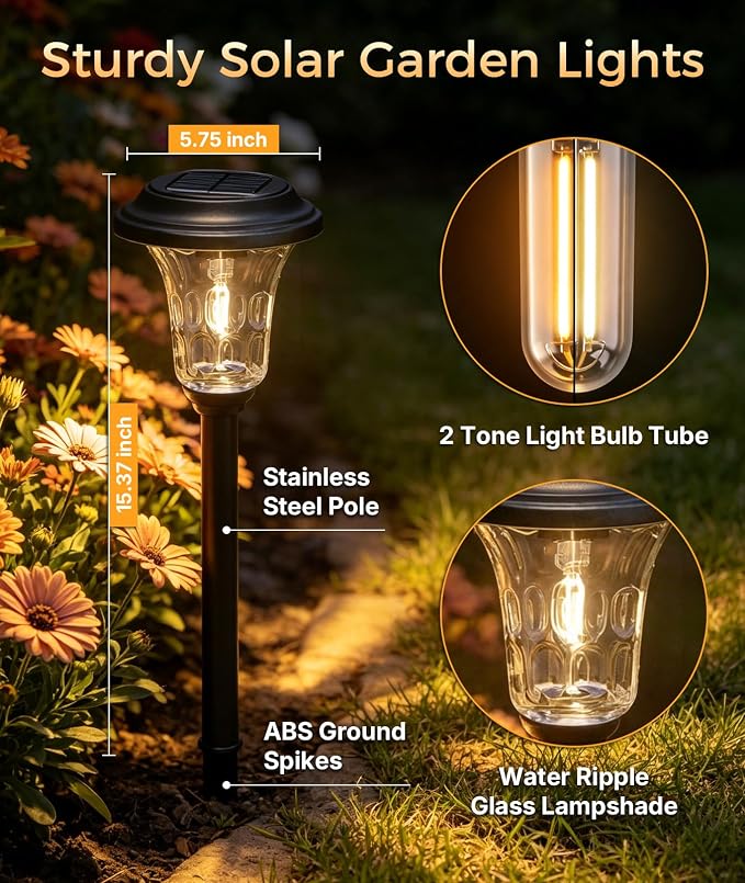 XMCOSY+ Solar Lights Outdoor, 4 Pack Solar Pathway Lights Outdoor | Long Lasting, Bright 40LM Metal Garden Light for Yard, Driveway, Walkway, Backyard, Auto On/Off (Warm/Cool White)
