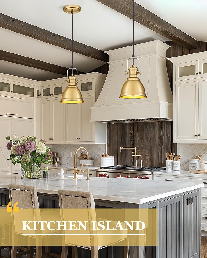 2 Pack Pendant Lights Kitchen Island, Farmhouse Hanging Lights Fixtures with Metal Shade, Rustic Kitchen Pendant Lighting Over Island for Dining Room, Brushed Gold, AD-2151-1P2-GD