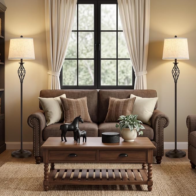 EJIAXIN Floor Lamps for Living Room - 62" Farmhouse Vintage Standing Lamp for Bedroom with Adjustable Color Temperatures,Brown Tall Lamp with Linen Shade,Reading Light for Home Office,Bulb Included
