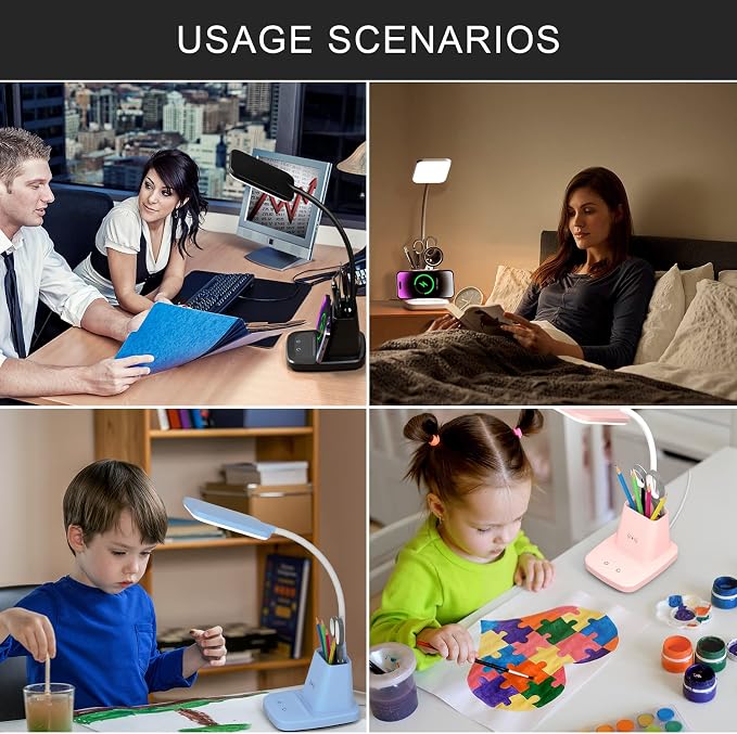 LED Desk Lamp with Wireless Charger for Home Office, White | 3 Color Modes Dimmable Eye-Caring Study Desk Light for College Dorm, 360° Flexible Arm, with Pen Holder, 800 Lumen, Square