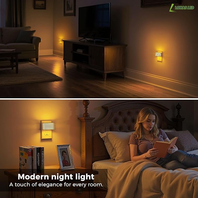 L LOHAS LED Night Lights Plug into Wall, 2 Pack Modern Night Light with Dusk to Dawn Sensor, Dimmable Plug in Night Light, Adjustable Brightness, 2000K Amber for Bedroom Bathroom Hallway