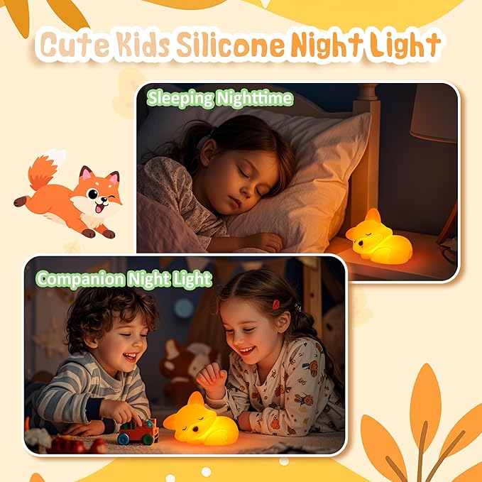 Fox Night Light, Cute Fox Silicone Night Light Gifts for Kids, Fox Lamp for Girls Boys Child Baby Nursery, Animal Light with Touch Control, Timer and USB Rechargeable
