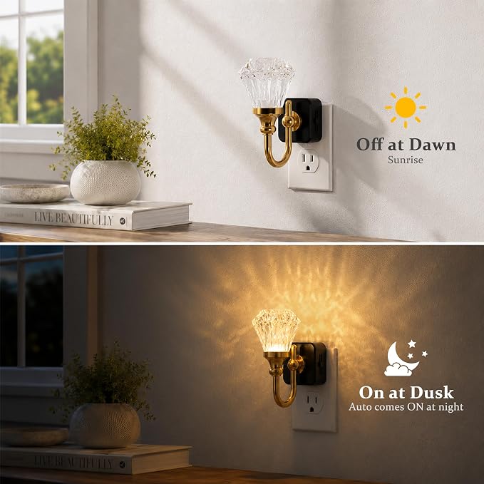 JandCase Night Light, Night Lights Plug into Wall, Crystal LED Nightlight | 0-100 LM Dimmable Nightlights, Dusk to Dawn Sensor, 1W Vintage Rotatable Nite Light for Bathroom Hallway Decor, 2 Pack
