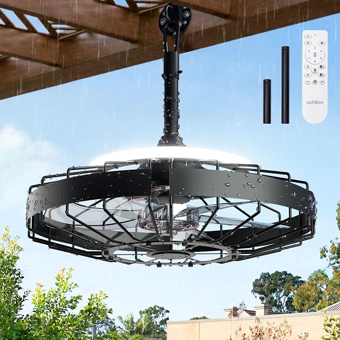 addlon 20" Outdoor Ceiling Fan with Light for Patio, IP65 Plug in Caged Fan | Waterproof, Hanging, Reversible DC Motor, 6 Speeds, Remote/APP Control, Quiet Operation, Timer, for Gazebo, Patio, Porch
