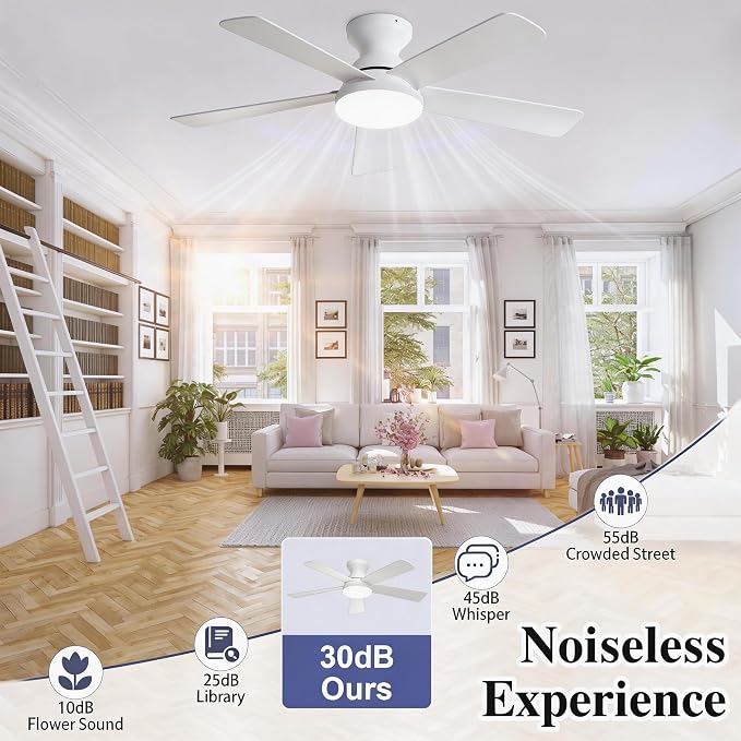 Smart Ceiling Fans with Lights Remote - 42'' WiFi Alexa Flush Mount Low Profile Modern Ceiling Fans for Bedroom - Stepless Color Temperature and 6 Speeds - White
