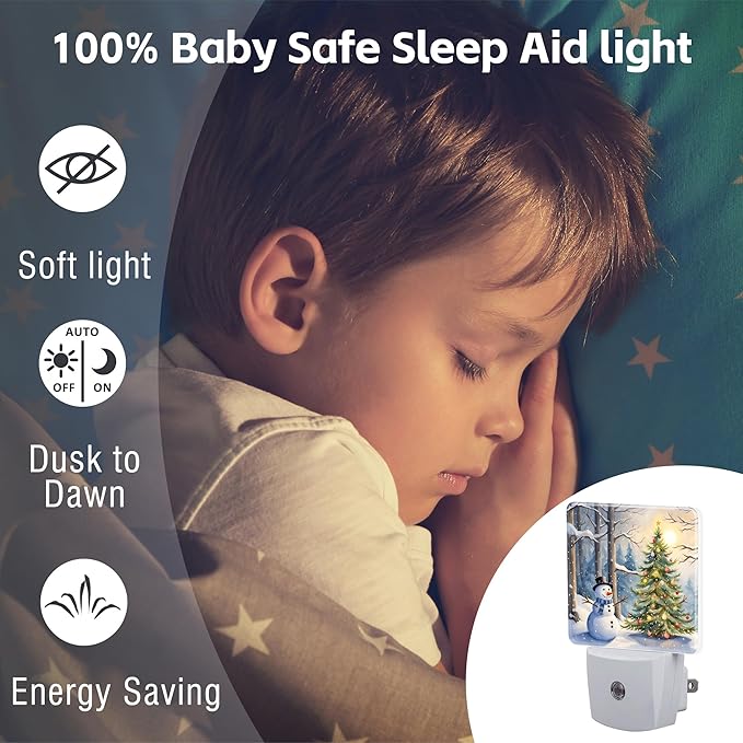 Christmas Tree With Snowman Night Light for Kids,Winter Holiday Snowman Night Light Plug in with Dusk to Dawn Sensor,0.5w Energy Saving Nightlight for Boys Girls Hallway Stairway Kitchen Bedroom