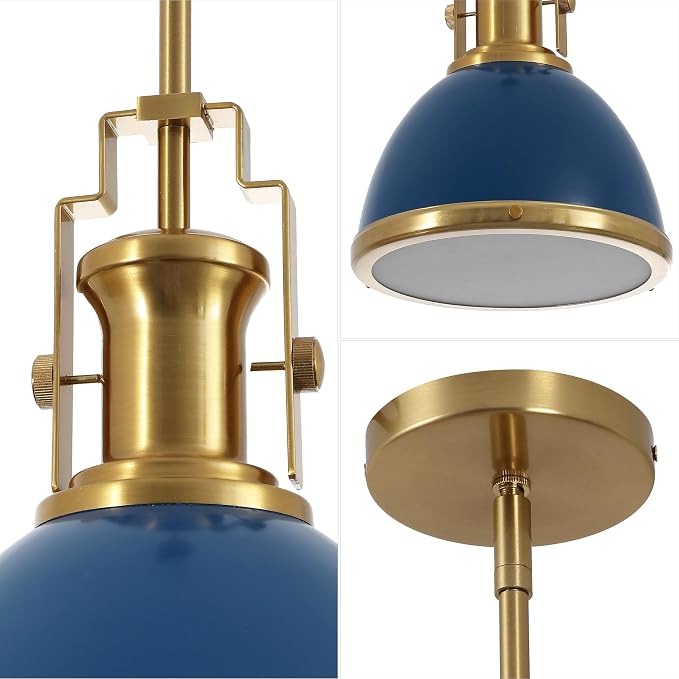 JONATHAN Y Homer Industrial Dome Pendant 10", Navy/Brass Gold | 1-Light, Farmhouse Style, Adjustable Hanging Height, Glass Diffuser, Sloped Ceiling Compatible, Metal, LED Bulb Included
