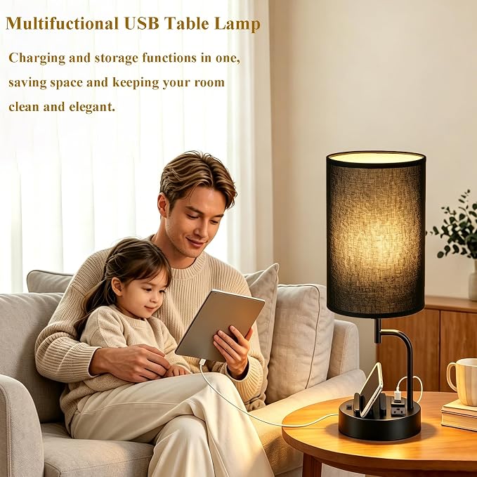 Dreamholder 2 Pack Table Lamp, Bedside Lamp with 3 USB Charging Ports & AC Outlet, USB Desk Lamp with 2 Phone Holders, Linen Fabric Shade Nightstand Lamps for Bedroom Living Room Office, Black Shade