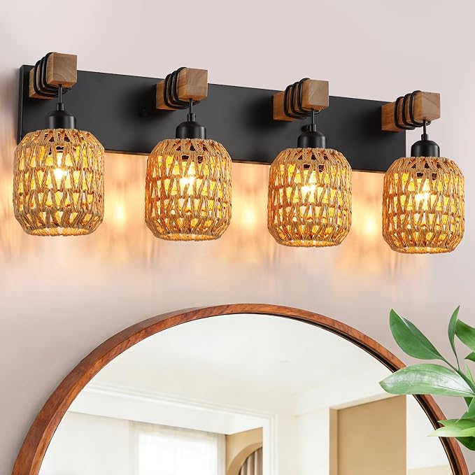 LmnLvn 4-Light Bathroom Vanity Light, Boho Farmhouse Rattan Handwoven Shade | Wood & Metal Frame, Rattan Vanity Light Design, Mounted Over Mirror, Easy To Install for Restroom, Bedroom & Hallway