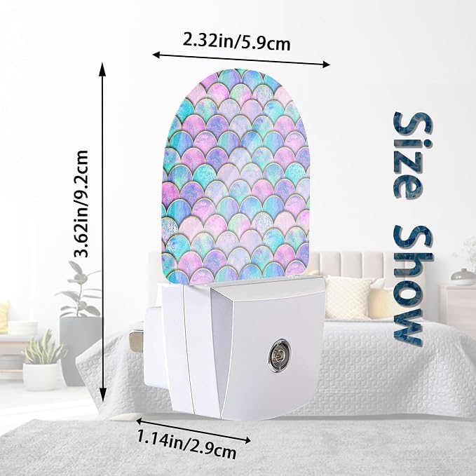 Pink Mermaid Fish Scales Night Lights Plug into Wall for Girls Boys Room,Night Light LED Lamp Dusk to Dawn Sensor Round Lamp for Bedroom Bathroom Hallway Home Wall Decor