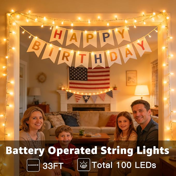 Ollny Fairy Lights Battery Operated, 100 LED 33FT Battery Powered String Lights, 8 Modes Waterproof LED Light for Bedroom Indoor Outdoor Camping Classroom Party Decor, Warm White