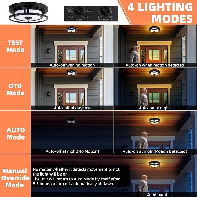 12 Inch LED Motion Sensor Outdoor Ceiling Light Black 2 Pack | Flush Mount Outdoor Ceiling Lights 3CCT 3000K/4000K/5000K Dusk to Dawn Anti-Bug Waterproof for Porch Garage Entryway