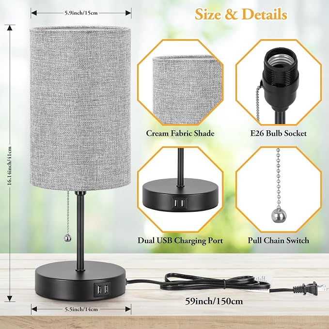 Modern Table Lamps Set of 2, Grey Fabric Shade and Black Metal Base for Living Room Bedroom Office Reading Dorm Hotel