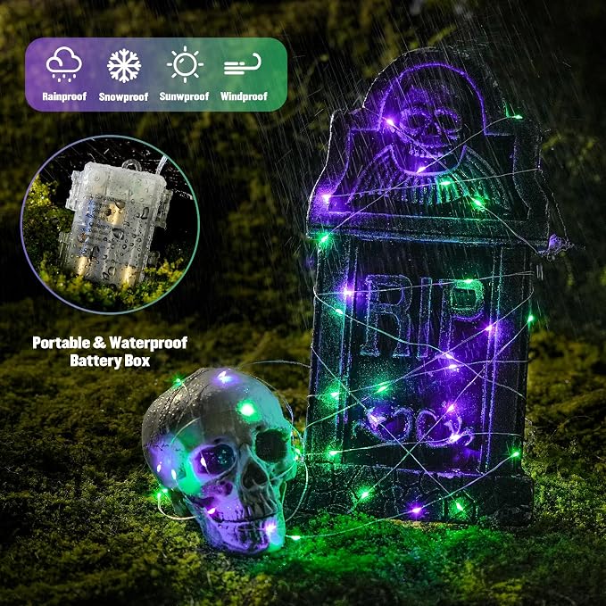 JMEXSUSS 2 Pack Purple and Green Halloween Fairy Lights Battery Operated | Total 200 LED 66ft, Remote Control, Waterproof 8 Modes Twinkle Lights for Fireplace Mantel Centerpiece Wreath Halloween Decor