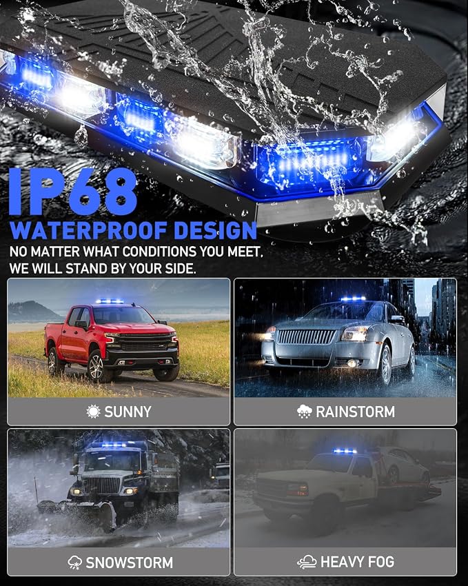 HLauto 406D Rooftop Emergency Strobe Lights Bar, 102 LED Blue White Mini Beacon Safety Flashing Warning Traffic Lights Bar w/Magnetic Base for 12-24V Trucks, Construction Vehicles, Snowplow, Cars