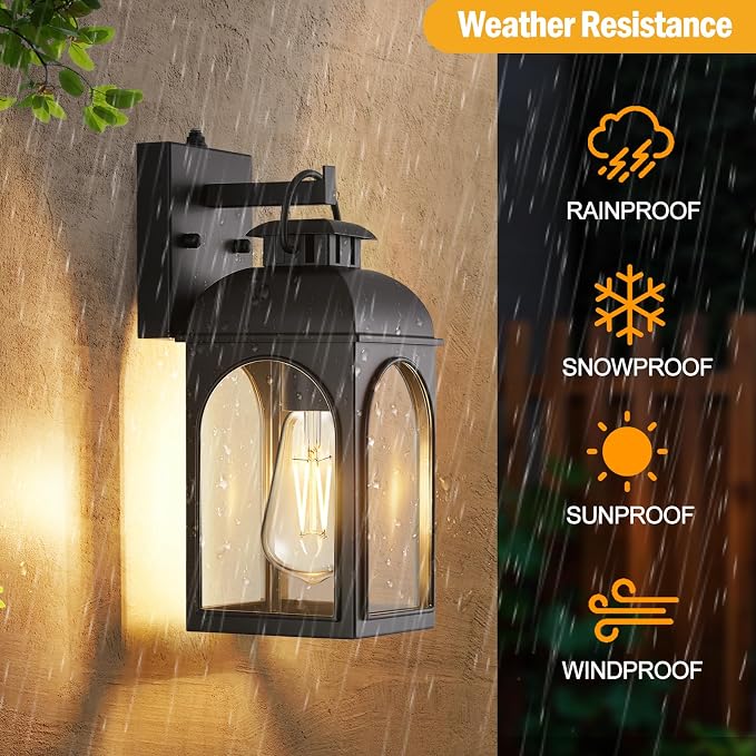 EJIAXIN 2 Pack Dusk to Dawn Outdoor Lighting, Matt Black Porch Lights | Waterproof Metal Construction,Rust-resistant,Clear Glass Shades,Quick Installation,Outside Lights for Doorway,Garage,Patio