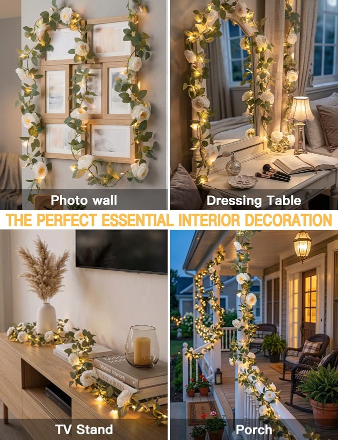 60LED Garland with White Camellia Lights Battery Operated Clear Wire | Vines Fairy Lights with Remote,Artificial Fake Flowers String Lights for Wedding,Bedroom,Centerpieces Decor(Warm White)